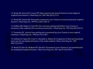 14: Rettig ME, Kozin SH, Cooney WP. Open reduction and internal fixation of acute displaced
scaphoid waist fractures. J Hand Surg Am. 2001 Mar;26(2):271-6.
15: Rettig ME, Raskin KB. Retrograde compression screw fixation of acute proximal pole scaphoid
fractures. J Hand Surg Am. 1999 Nov;24(6):1206-10.
16: Robbins RR, Ridge O, Carter PR. Iliac crest bone grafting and Herbert screw fixation of
nonunions of the scaphoid with avascular proximal poles. J Hand Surg Am. 1995 Sep;20(5):818-31.
17: Fernandez DL. Anterior bone grafting and conventional lag screw fixation to treat scaphoid
nonunions. J Hand Surg Am. 1990 Jan;15(1):140-7.
18: Gellman H, Caputo RJ, Carter V, Aboulafia A, McKay M. Comparison of short and long thumb-
spica casts for non-displaced fractures of the carpal scaphoid. J Bone Joint Surg Am. 1989
Mar;71(3):354-7.
19: Bond CD, Shin AY, McBride MT, Dao KD. Percutaneous screw fixation or cast immobilization
for nondisplaced scaphoid fractures. J Bone Joint Surg Am. 2001 Apr;83-A(4):483-8.
 