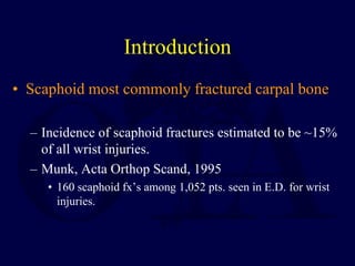 Introduction
• Scaphoid most commonly fractured carpal bone
– Incidence of scaphoid fractures estimated to be ~15%
of all wrist injuries.
– Munk, Acta Orthop Scand, 1995
• 160 scaphoid fx’s among 1,052 pts. seen in E.D. for wrist
injuries.
 