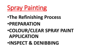 Spray Painting
•The Refinishing Process
•PREPARATION
•COLOUR/CLEAR SPRAY PAINT
APPLICATION
•INSPECT & DENIBBING
 