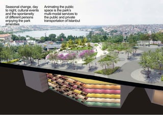 Animating the public
space is the park’s
multi-modal services to
the public and private
transportation of Istanbul
Seasonal change, day
to night, cultural events
and the spontaneity
of different persons
enjoying the park
amenities
< <
 