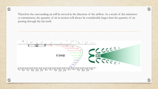 Therefore the surrounding air will be moved in the direction of the airflow. As a result of this induction
or entrainment, the quantity of air in motion will always be considerably larger than the quantity of air
passing through the fan itself.
 