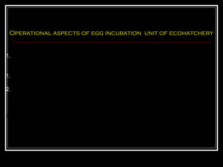 Operational aspects of egg incubation unit of ecohatchery


1. Eggs must be received on a water cushion in the outer chamber, loaded @
   7-10 lakh eggs.

1. D. O should not be les than 4 ppm.

2. Direction of the duck mouth inlets and speed of the water are maintained
   in such a way that it keeps the developing eggs away from the screen
   and wall of incubation chamber.

4. Cleaning of the incubation pool should be done, incl. dead eggs and spawn
   Surface, Subsurface, Column and bottom cleaners are used.


                                                                               .
 