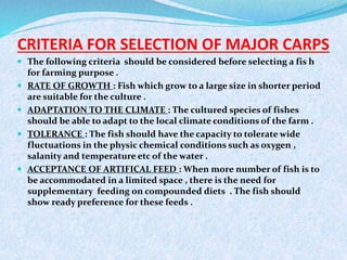 CRITERIA FOR SELECTION OF MAJOR CARPS
 The following criteria should be considered before selecting a fis h
for farming purpose .
 RATE OF GROWTH : Fish which grow to a large size in shorter period
are suitable for the culture .
 ADAPTATION TO THE CLIMATE : The cultured species of fishes
should be able to adapt to the local climate conditions of the farm .
 TOLERANCE : The fish should have the capacity to tolerate wide
fluctuations in the physic chemical conditions such as oxygen ,
salanity and temperature etc of the water .
 ACCEPTANCE OF ARTIFICAL FEED : When more number of fish is to
be accommodated in a limited space , there is the need for
supplementary feeding on compounded diets . The fish should
show ready preference for these feeds .
 
