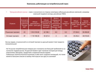 Accenture необходимо принимать агрессивную стратегическую политику, что бы встать в один ряд с крупнейшими компаниями на рынке управленческого консалтинга в РоссииДля анализа отрасли возьмем сегмент управленческого консалтинга в России в который входят: крупные российские консалтинговые компании