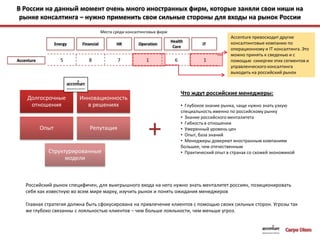 В России на данный момент очень много иностранных фирм, которые заняли свои ниши на рынке консалтинга – нужно применить свои сильные стороны для входы на рынок РоссииМеста среди консалтинговых фирмAccenture превосходит другие консалтинговые компании по операционному и IT консалтинга. Это можно принять к сведенью и с помощью  синергии этих сегментов и управленческого консалтинга выходить на российский рынокEnergyFinancialITHealth CareOperationHRAccentureЧто ждут российские менеджеры:  Глубокое знание рынка, чаще нужно знать узкую специальность именно по российскому рынку