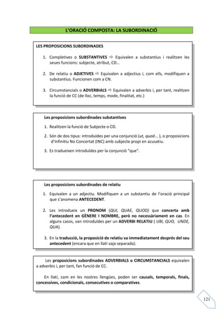 L’ORACIÓ COMPOSTA: LA SUBORDINACIÓ

LES PROPOSICIONS SUBORDINADES

   1. Completives o SUBSTANTIVES           Equivalen a substantius i realitzen les
      seues funcions: subjecte, atribut, CD…

   2. De relatiu o ADJETIVES    Equivalen a adjectius i, com ells, modifiquen a
      substantius. Funcionen com a CN.

   3. Circumstancials o ADVERBIALS Equivalen a adverbis i, per tant, realitzen
      la funció de CC (de lloc, temps, mode, finalitat, etc.)



    Les proposicions subordinades substantives

    1. Realitzen la funció de Subjecte o CD.

    2. Són de dos tipus: introduïdes per una conjunció (ut, quod... ), o proposicions
        d’Infinitiu No Concertat (INC) amb subjecte propi en acusatiu.

    3. Es tradueixen introduïdes per la conjunció “que”.




    Les proposicions subordinades de relatiu

   1. Equivalen a un adjectiu. Modifiquen a un substantiu de l’oració principal
      que s’anomena ANTECEDENT.

   2. Les introdueix un PRONOM (QUI, QUAE, QUOD) que concerta amb
      l’antecedent en GÈNERE I NOMBRE, però no necessàriament en cas. En
      alguns casos, van introduïdes per un ADVERBI RELATIU ( UBI, QUO, UNDE,
      QUA).

    3. En la traducció, la proposició de relatiu va immediatament després del seu
       antecedent (encara que en llatí vaja separada).


     Les proposicions subordinades ADVERBIALS o CIRCUMSTANCIALS equivalen
a adverbis i, per tant, fan funció de CC.

    En llatí, com en les nostres llengües, poden ser causals, temporals, finals,
concessives, condicionals, consecutives o comparatives.


                                                                                        121
 