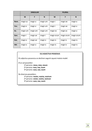 SINGULAR                                 PLURAL

              M            F            N            M              F          N

Nom.      magn-us     magn-a       magn-um      magn-i        magn-ae      magn-a

Voc.      magn-e      magn-a       magn-um      magn-i        magn-ae      magn-a

Ac.       magn-um     magn-am      magn-um      magn-os       magn-as      magn-a

Gen.      magn-i      magn-ae      magn-i       magn-orum magn-arum magn-orum

Dat.      magn-o      magn-ae      magn-o       magn-is       magn-is      magn-is

Abl.      magn-o      magn-a       magn-o       magn-is       magn-is      magn-is



                                   ELS ADJECTIUS POSSESIUS

       Els adjectius possessius es declinen seguint aquest mateix model.

       D’un sol posseïdor:
              1º persona: meus, mea, meum
              2ª persona: tuus, tua, tuum
              3ª persona: suus, sua, suum

       De diversos posseïdors:
              1º persona: noster, nostra, nostrum
              2ª persona: vester, vestra, vestrum
              3ª persona: suus, sua, suum




                                                                                     24
 