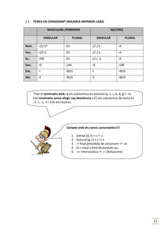 2.1. TEMES EN CONSONANT (MAJORIA IMPARISÍL·LABS)

                  MASCULINS /FEMENINS                             NEUTRES

                SINGULAR             PLURAL               SINGULAR            PLURAL

Nom.      -∅/-S*               -ES                  -∅ /-S              -A
Voc.      -∅/-S                -ES                  -∅ /-S              -A
Ac.       -EM                  -ES                  -∅ / -S             -A
Gen.      -IS                  -UM                  -IS                 -UM
Dat.      -I                   -IBUS                -I                  -IBUS
Abl.      -E                   -IBUS                -E                  -IBUS




       *Fan el nominatiu amb –s els substantius en oclusiva (p, t, c, b, d, g) i –m.
       Fan nominatiu sense afegir cap desinència (-∅) els substantius de tema en
       –l, -r, -s, -n i tots els neutres.




                                Compte amb els canvis consonàntics!!!

                                     1.   Dental (d, t) + s s
                                     2.   Gutural (g, c) + s x
                                     3.   –r final precedida de consonant -er
                                     4.   O + nasal a final de paraula cau
                                     5.   –s- intervocàlica -r- (Rotacisme)




                                                                                       31
 