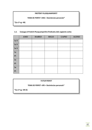 PRETÈRIT PLUSQUAMPERFET

                 TEMA DE PERFET +ERA + Desinències personals*

*(La 1ª sg –M)




1.2.   Conjuga el Pretèrit Plusquamperfet d’Indicatiu dels següents verbs:

           AMO              HABEO           REGO           CAPIO             AUDIO

1a S

2a S

3a S

1a

Pl

2a

Pl

3a

Pl




                                   FUTUR PERFET

                    TEMA DE PERFET +ERi + Desinències personals*

*(La 1ª sg –ER-O)




                                                                                     43
 
