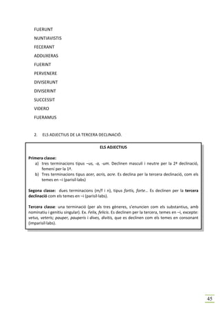 FUERUNT
   NUNTIAVISTIS
   FECERANT
   ADDUXERAS
   FUERINT
   PERVENERE
   DIVISERUNT
   DIVISERINT
   SUCCESSIT
   VIDERO
   FUERAMUS


   2.   ELS ADJECTIUS DE LA TERCERA DECLINACIÓ.

                                          ELS ADJECTIUS

Primera classe:
   a) tres terminacions tipus –us, -a, -um. Declinen masculí i neutre per la 2ª declinació,
      femení per la 1ª.
   b) Tres terminacions tipus acer, acris, acre. Es declina per la tercera declinació, com els
      temes en –i (parisíl·labs)

Segona classe: dues terminacions (m/f i n), tipus fortis, forte… Es declinen per la tercera
declinació com els temes en –i (parisíl·labs).

Tercera classe: una terminació (per als tres gèneres, s’enuncien com els substantius, amb
nominatiu i genitiu singular). Ex. Felix, felicis. Es declinen per la tercera, temes en –i, excepte:
vetus, veteris; pauper, pauperis i dives, divitis, que es declinen com els temes en consonant
(imparisíl·labs).




                                                                                                       45
 