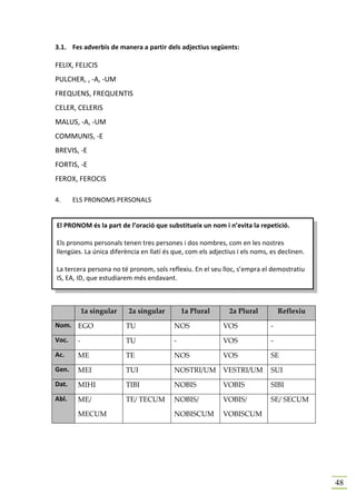 3.1. Fes adverbis de manera a partir dels adjectius següents:

FELIX, FELICIS
PULCHER, , -A, -UM
FREQUENS, FREQUENTIS
CELER, CELERIS
MALUS, -A, -UM
COMMUNIS, -E
BREVIS, -E
FORTIS, -E
FEROX, FEROCIS

4.     ELS PRONOMS PERSONALS


El PRONOM és la part de l’oració que substitueix un nom i n’evita la repetició.

Els pronoms personals tenen tres persones i dos nombres, com en les nostres
llengües. La única diferència en llatí és que, com els adjectius i els noms, es declinen.

La tercera persona no té pronom, sols reflexiu. En el seu lloc, s’empra el demostratiu
IS, EA, ID, que estudiarem més endavant.



            1a singular   2a singular         1a Plural       2a Plural         Reflexiu
Nom. EGO                  TU              NOS              VOS              -
Voc.    -                 TU              -                VOS              -
Ac.     ME                TE              NOS              VOS              SE
Gen.    MEI               TUI             NOSTRI/UM        VESTRI/UM        SUI
Dat.    MIHI              TIBI            NOBIS            VOBIS            SIBI
Abl.    ME/               TE/ TECUM       NOBIS/           VOBIS/           SE/ SECUM

        MECUM                             NOBISCUM         VOBISCUM




                                                                                            48
 