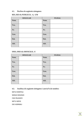 4.1.   Declina els següents sintagmes:

RES, REI (f); PUBLICUS, -A, -UM
                 SINGULAR                             PLURAL
Nom.                                     Nom.

Voc.                                     Voc.

Ac.                                      Ac.

Gen.                                     Gen.

Dat.                                     Dat.

Abl.                                     Abl.



DIES, DIEI (f); DIFFICILIS, -E
                 SINGULAR                             PLURAL
Nom.                                     Nom.

Voc.                                     Voc.

Ac.                                      Ac.

Gen.                                     Gen.

Dat.                                     Dat.

Abl.                                     Abl.



4.2.   Analitza els següents sintagmes i canvia’ls de nombre:
METUI MORTALI
MANUS MAGNAS
FIDE PRUDENTI
METU IMPIO
DIEI HORRIBILI




                                                                54
 