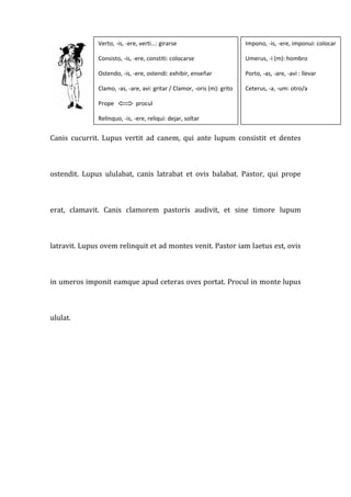 Verto, ‐is, ‐ere, verti…: girarse                           Impono, ‐is, ‐ere, imponui: colocar 

                Consisto, ‐is, ‐ere, constiti: colocarse                    Umerus, ‐i (m): hombro 

                Ostendo, ‐is, ‐ere, ostendi: exhibir, enseñar               Porto, ‐as, ‐are, ‐avi : llevar 

                Clamo, ‐as, ‐are, avi: gritar / Clamor, ‐oris (m): grito    Ceterus, ‐a, ‐um: otro/a 

                 Prope               procul  
                Relinquo, ‐is, ‐ere, reliqui: dejar, soltar


Canis  cucurrit.  Lupus  vertit  ad  canem,  qui  ante  lupum  consistit  et  dentes 



ostendit.  Lupus  ululabat,  canis  latrabat  et  ovis  balabat.  Pastor,  qui  prope 



erat,  clamavit.  Canis  clamorem  pastoris  audivit,  et  sine  timore  lupum 



latravit. Lupus ovem relinquit et ad montes venit. Pastor iam laetus est, ovis 



in umeros imponit eamque apud ceteras oves portat. Procul in monte lupus 



ululat. 




 
 