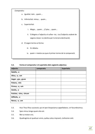 Comparatiu:
                 a. Igualtat: tam... quam....

                 b. Inferioritat: minus... quam...

                 c. Superioritat:

                         i. Magis.... quam.... // plus.... quam...

                         ii. S’afegeix a l’adjectiu el sufixe –ior, -ius (l’adjectiu esdevé de
                            segona classe i es declina per la tercera declinació).

                 d. El segon terme es forma:

                        iii. En Ablatiu

                        iv. quam + mateix cas que el primer terme de la comparació.




3.2.          Forma el comparatiu i el superlatiu dels següents adjectius:
Adjectiu                             comparatiu                          Superlatiu
Nobilis, -e
Altus, -a, -um
Aeger, -gra, -grum
Potens, -ntis
Firmus, -a, -um
Similis, -e
Pulcher, -chra, -chrum
Difficilis, -e
Novus, -a, -um


3.3.          Huic Titus filius successit, qui et ipse Vespasianus appellabatur, vir facundissimus.
3.4.          Spes minus longa quam vita est.
3.5.          Me tu tristior eris.
3.6.          Quadraginta et quattuor annis, quibus solus impravit, civilissime vixit.




                                                                                                      67
 