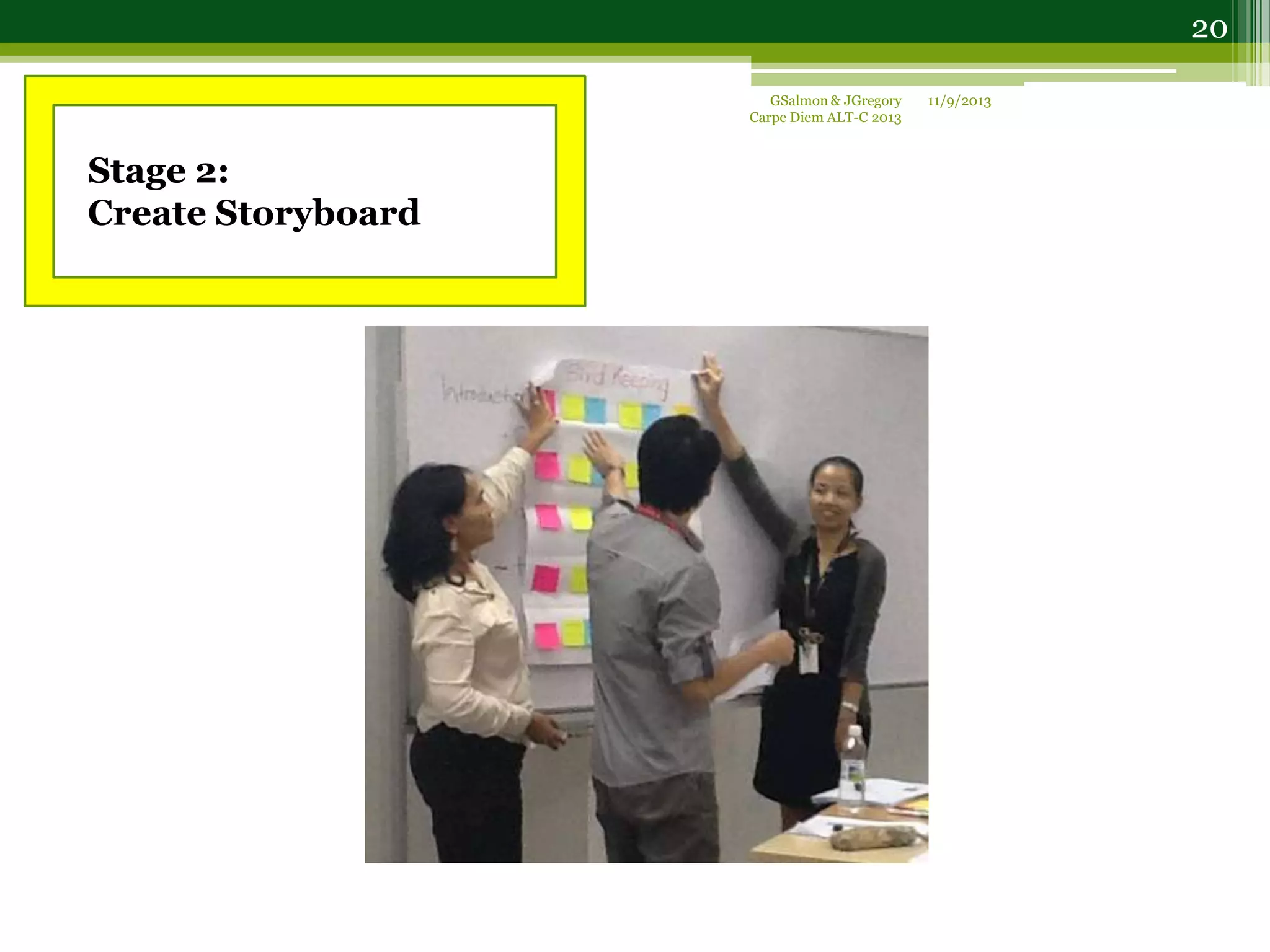 Stage 2:
Create Storyboard
11/9/2013GSalmon & JGregory
Carpe Diem ALT-C 2013
20
 