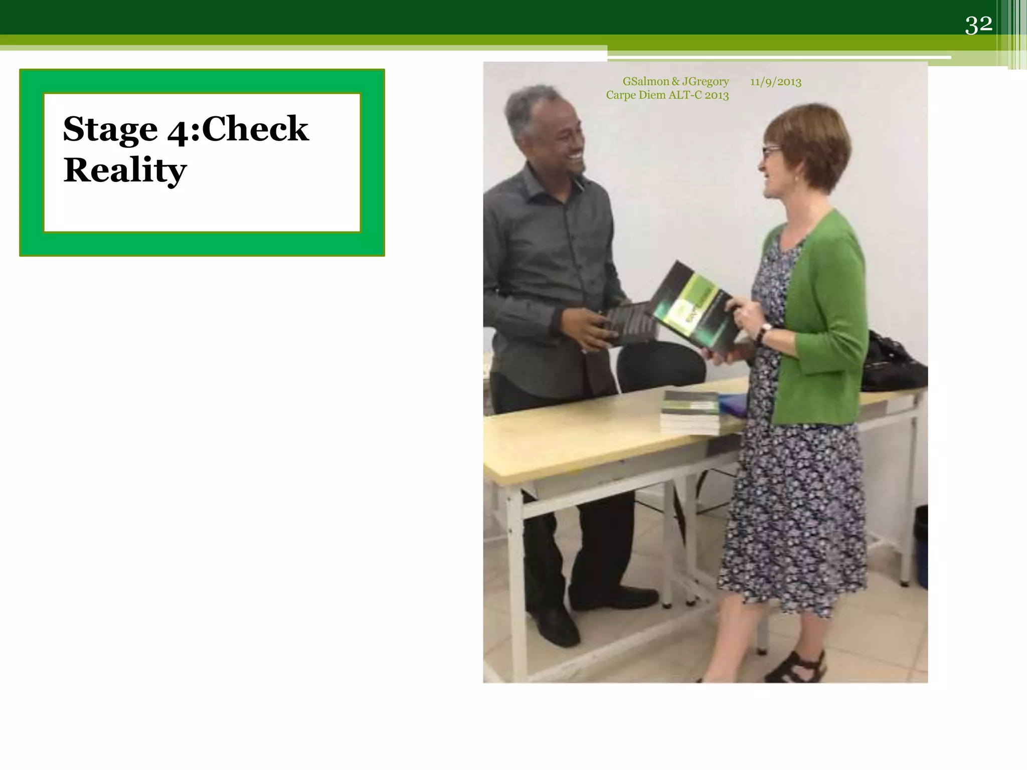 Stage 4:Check
Reality
11/9/2013GSalmon & JGregory
Carpe Diem ALT-C 2013
32
 