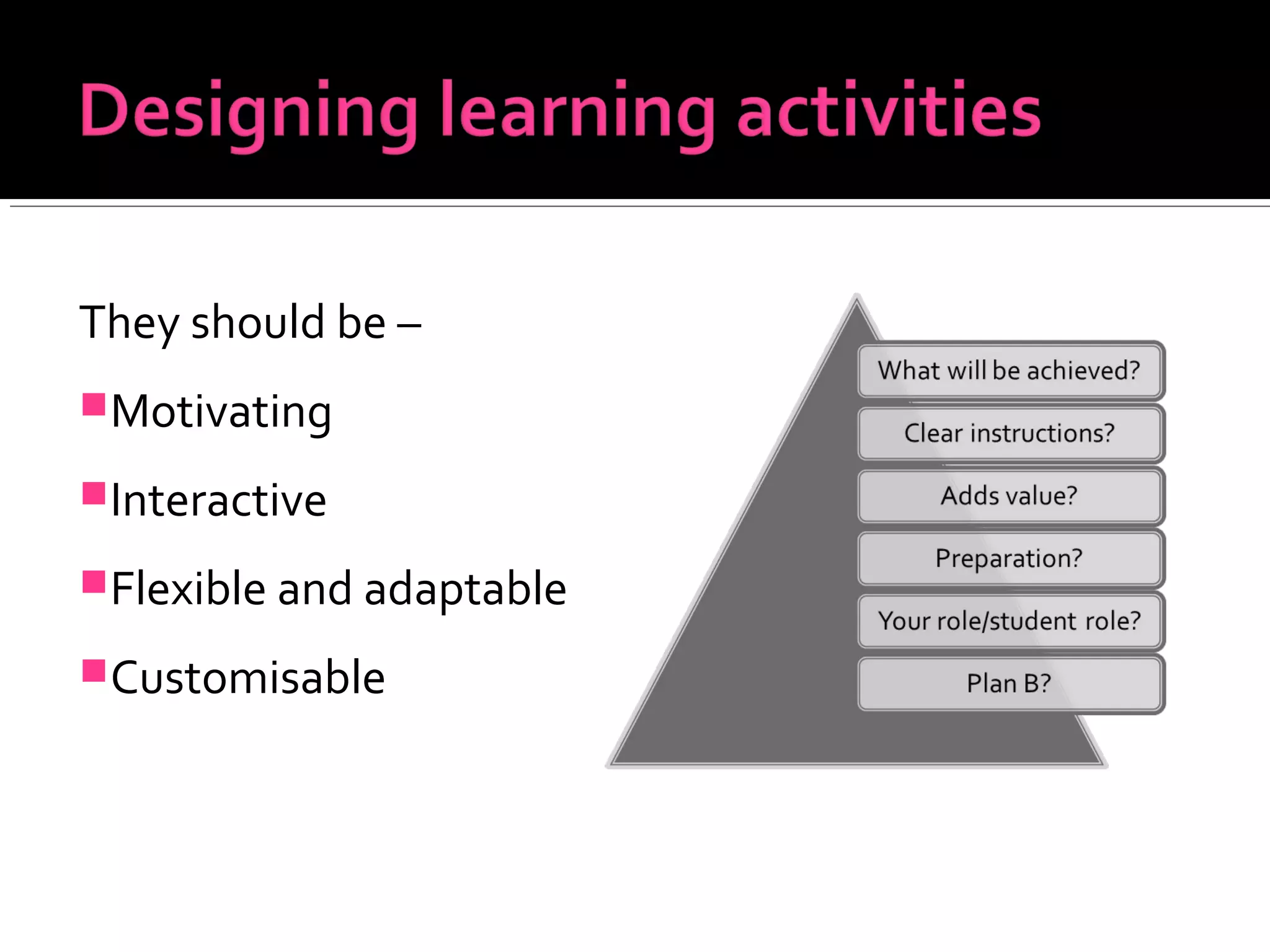 They should be –
Motivating
Interactive
Flexible and adaptable
Customisable
 