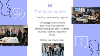 “The team works
Teaching teams coming together
Unified approach between
academics, management,
professional support staff,...