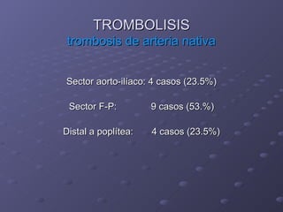 TROMBOLISIS
 trombosis de arteria nativa


Sector aorto-ilíaco: 4 casos (23.5%)

 Sector F-P:         9 casos (53.%)

Distal a poplítea:   4 casos (23.5%)
 