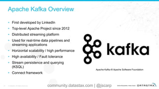 Apache Kafka Overview
• First developed by LinkedIn
• Top-level Apache Project since 2012
• Distributed streaming platform
• Used for real-time data pipelines and
streaming applications
• Horizontal scalability / high performance
• High availability / Fault tolerance
• Stream persistence and querying
(KSQL)
• Connect framework
33 © DataStax, All Rights Reserved.
Apache Kafka ® Apache Software Foundation
community.datastax.com | @jscarp
 
