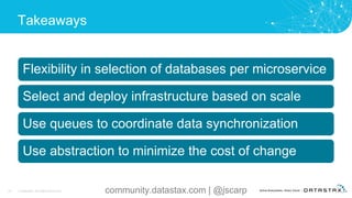 Takeaways
Flexibility in selection of databases per microservice
Select and deploy infrastructure based on scale
Use queues to coordinate data synchronization
Use abstraction to minimize the cost of change
42 © DataStax, All Rights Reserved. community.datastax.com | @jscarp
 
