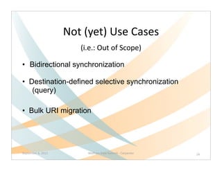Not	
  (yet)	
  Use	
  Cases	
  
                             (i.e.:	
  Out	
  of	
  Scope)	
  

• Bidirectional synchronization

• Destination-defined selective synchronization
   (query)

• Bulk URI migration




September	
  6,	
  2012            Wolfram	
  Data	
  Summit	
  -­‐	
  Carpenter   14
 