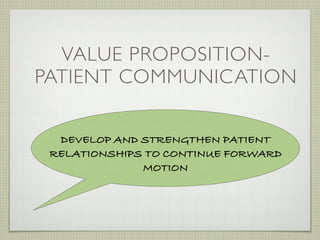 VALUE PROPOSITION-
PATIENT COMMUNICATION

  DEVELOP AND STRENGTHEN PATIENT
 RELATIONSHIPS TO CONTINUE FORWARD
              MOTION
 