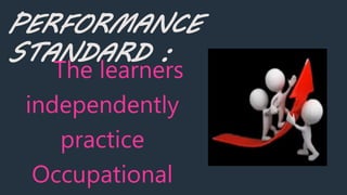 PERFORMANCE
STANDARD :
The learners
independently
practice
Occupational
 