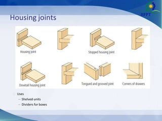Housing joints
 Uses
– Shelved units
– Dividers for boxes
 
