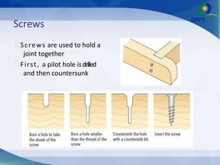 Screws
Screws are used to hold a
joint together
First, a pilot hole isdrilled
and then countersunk
 