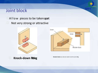 Joint block
Allow pieces to be takenapart
 Not very strong or attractive
 Knock-down fitting
 Wooden blocks can also be made to do the same thing
 