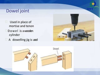 Dowel joint
 Used in place of
mortise and tenon
Dowel is awooden
cylinder
 A dowelling jig is used
 