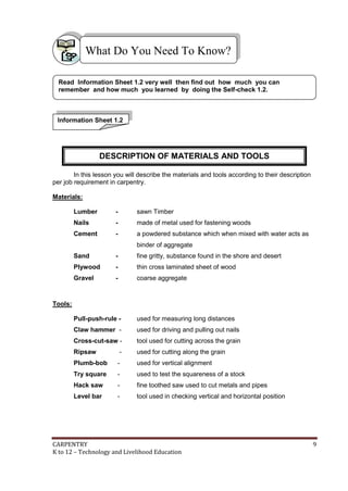What Do You Need To Know?
Read Information Sheet 1.2 very well then find out how much you can
remember and how much you learned by doing the Self-check 1.2.

Information Sheet 1.2

DESCRIPTION OF MATERIALS AND TOOLS
In this lesson you will describe the materials and tools according to their description
per job requirement in carpentry.
Materials:
Lumber

-

sawn Timber

Nails

-

made of metal used for fastening woods

Cement

-

a powdered substance which when mixed with water acts as
binder of aggregate

Sand

-

fine gritty, substance found in the shore and desert

Plywood

-

thin cross laminated sheet of wood

Gravel

-

coarse aggregate

Tools:
Pull-push-rule -

used for measuring long distances

Claw hammer -

used for driving and pulling out nails

Cross-cut-saw -

tool used for cutting across the grain

Ripsaw

-

used for cutting along the grain

Plumb-bob

-

used for vertical alignment

Try square

-

used to test the squareness of a stock

Hack saw

-

fine toothed saw used to cut metals and pipes

Level bar

-

tool used in checking vertical and horizontal position

CARPENTRY
K to 12 – Technology and Livelihood Education

9

 