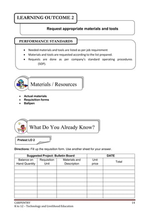 LEARNING OUTCOME 2
Request appropriate materials and tools
PERFORMANCE STANDARDS




Needed materials and tools are listed as per job requirement
Materials and tools are requested according to the list prepared.
Requests are done as per company’s standard operating procedures
(SOP).

Materials / Resources




Actual materials
Requisition forms
Ballpen

What Do You Already Know?
Pretest LO 2
Directions: Fill up the requisition form. Use another sheet for your answer.
Suggested Project: Bulletin Board
Balance on
Requisition
Materials and
Hand Quantity
Unit
Description

CARPENTRY
K to 12 – Technology and Livelihood Education

DATE
Unit
price

Total

14

 