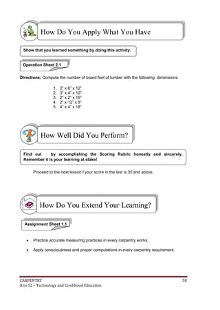 How Do You Apply What You Have
Learned?
Show that you learned something by doing this activity.

Operation Sheet 2.1
Directions: Compute the number of board feet of lumber with the following dimensions.
1.
2.
3.
4.
5.

2” x 6” x 12‟
3” x 4” x 10‟
2” x 2” x 16‟
2” x 12” x 8”
4” x 4” x 18”

How Well Did You Perform?
Find out
by accomplishing the Scoring Rubric honestly and sincerely.
Remember it is your learning at stake!
Proceed to the next lesson f your score in the test is 35 and above.

How Do You Extend Your Learning?
Assignment Sheet 1.1



Practice accurate measuring practices in every carpentry works.



Apply consciousness and proper computations in every carpentry requirement.

CARPENTRY
K to 12 – Technology and Livelihood Education

58

 