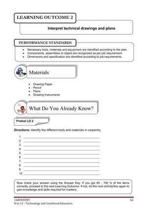 LEARNING OUTCOME 2
Interpret technical drawings and plans

PERFORMANCE STANDARDS




Necessary tools, materials and equipment are identified according to the plan.
Components, assemblies or object are recognized as per job requirement.
Dimensions and specification are identified according to job requirements.

Materials





Drawing Paper
Pencil
Plans
Drawing Instruments

What Do You Already Know?
Pretest LO 2

Directions: Identify the different tools and materials in carpentry.
1. __________________________________________________
2. __________________________________________________
3. __________________________________________________
4. __________________________________________________
5. __________________________________________________
6. __________________________________________________
7. __________________________________________________
8. __________________________________________________
9. __________________________________________________
10. __________________________________________________
Now check your answer using the Answer Key. If you got 90 - 100 % of the items
correctly, proceed to the next Learning Outcome. If not, do the next activity/ties again to
gain knowledge and skills required for mastery.
CARPENTRY
K to 12 – Technology and Livelihood Education

66

 