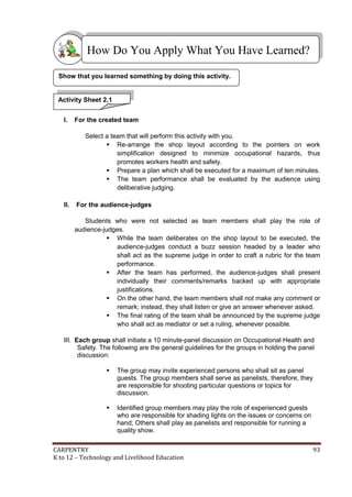 How Do You Apply What You Have Learned?
Show that you learned something by doing this activity.

Activity Sheet 2.1
I.

For the created team
Select a team that will perform this activity with you.
 Re-arrange the shop layout according to the pointers on work
simplification designed to minimize occupational hazards, thus
promotes workers health and safety.
 Prepare a plan which shall be executed for a maximum of ten minutes.
 The team performance shall be evaluated by the audience using
deliberative judging.

II.

For the audience-judges
Students who were not selected as team members shall play the role of
audience-judges.
 While the team deliberates on the shop layout to be executed, the
audience-judges conduct a buzz session headed by a leader who
shall act as the supreme judge in order to craft a rubric for the team
performance.
 After the team has performed, the audience-judges shall present
individually their comments/remarks backed up with appropriate
justifications.
 On the other hand, the team members shall not make any comment or
remark; instead, they shall listen or give an answer whenever asked.
 The final rating of the team shall be announced by the supreme judge
who shall act as mediator or set a ruling, whenever possible.

III. Each group shall initiate a 10 minute-panel discussion on Occupational Health and
Safety. The following are the general guidelines for the groups in holding the panel
discussion:


The group may invite experienced persons who shall sit as panel
guests. The group members shall serve as panelists, therefore, they
are responsible for shooting particular questions or topics for
discussion.



Identified group members may play the role of experienced guests
who are responsible for shading lights on the issues or concerns on
hand; Others shall play as panelists and responsible for running a
quality show.

CARPENTRY
K to 12 – Technology and Livelihood Education

93

 