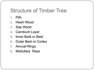 Structure of Timber Tree
1.
2.
3.
4.
5.

6.
7.
8.

Pith
Heart Wood
Sap Wood
Cambium Layer
Inner Bark or Bast
Outer Bark or...