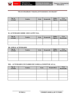 “Año de la Diversificación Productiva y del Fortalecimiento de la Educación”
Tipo de
Actividad
Temática Fecha Responsable
Público
Objetivo
Nº de
Beneficiados
XI. ACTIVIDADES SOBRE EDUCACIÓN VIAL.
Tipo de
Actividad
Temática Fecha Responsable
Público
Objetivo
Nº de
Beneficiados
XII. OTRAS ACTIVIDADES
Tipo de
Actividad
Temática Fecha Responsable
Público
Objetivo
Nº de
Beneficiados
XIII.- ACTIVIDADES CON PADRES DE FAMILIA (COMITÉ DE AULA)
Tipo de
Actividad
Temática Fecha Responsable(s)
Nº de
Beneficiados
-------------------------------------------- ----------------------------------------------------------
TUTOR (A COORDINADOR(A) DE TUTORÍA
 