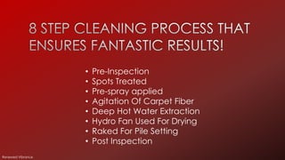 • Pre-Inspection
• Spots Treated
• Pre-spray applied
• Agitation Of Carpet Fiber
• Deep Hot Water Extraction
• Hydro Fan Used For Drying
• Raked For Pile Setting
• Post Inspection
Renewed Vibrance
 
