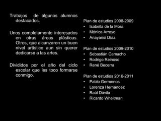 Trabajos  de algunos alumnos destacados. Unos completamente interesados en otras áreas plásticas. Otros, que alcanzaron un buen nivel artístico aun sin querer dedicarse a las artes. Divididos por el año del ciclo escolar que les toco formarse conmigo. Plan de estudios 2008-2009 Isabella de la Mora Mónica Arroyo Anayansi Díaz Plan de estudios 2009-2010  Sebastián Camacho Rodrigo Reinoso René Becerra Plan de estudios 2010-2011 Pablo Germenos Lorenza Hernández Raúl Dávila Ricardo Wheitman 
