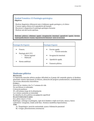 J.Conti 2014
Patología No Urgente Patología Urgente
• Fimosis.
• Patología del C.P.V:
- Hernia inguinal
- Hidrocele
• Hernia umbilical.
• Escroto agudo:
- Torsión testicular.
• Invaginación intestinal.
• Apendicitis aguda.
• Estenosis pilórica.
Síndrome pilórico
DEFINICIÓN
La hipertrofia muscular pilórica produce dificultad en el pasaje del contenido gástrico al duodeno,
generando vómitos típicamente no biliosos, detención del progreso pondoestatural y deshidratación
con severas alteraciones electrolíticas
CLÍNICA
Inicio de los vómitos a las 2 o 3 semanas de vida
No son biliosos ni esforzados
Coloración pardusca
30 a 60 minutos luego de la alimentación
Los vómitos aumentan en intensidad
Se identifica la oliva pilórica con palpación superficial
EXAM COMPLEMENTARIOS
Eco: píloro mayor a 4 mm
Radiología: estómago en palangana, signo de la bandera o triple nivel (aire, mucus y bario)
Laboratorio: ionograma, estado acido base. Alcalosis metabólica hipoclorémica
TTO
A) Prequirúrgico: posición semisentada, ayuno e hidratación parenteral
B) Cirugía: piloromiotomía extramucosa
Unidad Temática 15 Patología quirúrgica
Objetivos
- Realizar diagnóstico diferencial entre el abdomen agudo quirúrgico y el clínico
- Conocer signos clínicos de la apendicitis del lactante.
- Reconocer y diagnosticar la patología quirúrgica frecuente
- Realizar una derivación oportuna
Síndrome pilórico, Abdomen agudo, invaginación intestinal, apendicitis aguda, hernias,
criptorquidia fimosis, trauma, imperforación himeneal, testes en ascensor.
 