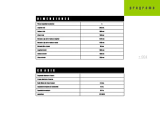 p  r  o  g  r  a  m  a   D  I  M  E  N  S  I  O  N  E  S C  H  A  S  I  S   + 004 1265 mm Altura interior 1380 mm Anchura interior 1800 mm Longitud interior 150 mm Distancia libre al suelo 1430 mm Distancia a eje entre ruedas en ancho 2370 mm Distancia a eje entre ruedas en longitud 1510 mm Altura total 1660 mm Anchura total 3165 mm. Longitud total 5 Plazas (capacidad de asientos) 175/65R14 neumáticos 207 lts. Capacidad del maletero 45 lts. Capacidad del depósito de combustible 4.9 mts. Radio Mínimo de viraje (ruedas) Frenos delanteros/traseros Suspensión delantera/trasera 