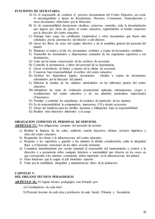 26
FUNCIONES DE SECRATARIA.
A) Es el responsable de conducir el proceso documentario del Centro Educativo, así como
el mecanografiado o tipeos de Resoluciones, Decretos, Constancias, Transcripciones y
otros documentos elaborados por la Dirección.
B) Es de responsabilidad decepcionar clasificar, conservar, custodiar, toda la documentación
que ingresa por mesa de partes al centro educativo, registrándoles el trámite respectivo
por la dirección del centro educativo.
C) Entregar bajo cargo los certificados (registrados) y otros documentos que hayan sido
solicitados previa autorización del director o sub director.
D) Llevar los libros de actas del equipo directivo y de la asamblea general del personal del
plantel.
E) Mantener el orden y al día los documentos recibidos y copias de documentos remitidos.
F) Transcribir los documentos o disposiciones emanadas de los organismos superiores a sus
destinatarios.
G) Velar por la buena conservación de los archivos de secretaría.
H) Controlar la permanencia y labor del personal de su dependencia.
I) Llevar el inventario de bienes y enseres de la oficina de secretaria.
J) Conservar bajo responsabilidad el archivo del centro educativo.
K) Archivar los dispositivos legales, documentos oficiales o copias de documentos
refrendados por la dirección del plantel.
L) Elaborar la nómina de los alumnos matriculados en los diferentes grados del centro
educativo.
M) Administrar las actas de evaluación promocional, aplazada, subsanaciones, cargos y
revalidaciones del centro educativo y de sus planteles particulares supervisados
(Visaciones).
N) Tramitar y controlar los expedientes de traslados de matrículas de los alumnos.
O) Es de responsabilidad la computadora, impresoras, CD y demás accesorios.
P) Llevar las banderas para los desfiles (peruana y Juliaqueña) bajo su responsabilidad.
Q) Realizar otras funciones inherentes a su cargo.
OBLIGACION COMUNES EL PERSONAL DE SERVICIO.
ARTÍCULO 17.- Son obligaciones comunes del personal de servicio:
a) Realizar la limpieza de las aulas, auditorio, cancha deportiva, oficinas, servicios higiénicos y
otros del centro educativo.
b) Resguardar los bienes y la infraestructura del centro educativo.
c) Respetar a los superiores y guardar a los alumnos la debida consideración, cuida la integridad
física y el bienestar emocional de los niños en todo momento.
d) Comunicar inmediatamente por escrito (manual) al responsable del mantenimiento y control, a la
dirección y a promotoría sobre cualquier deterioro o anormalidad que observa en los casos en
que corresponda a los alumnos cometiendo daños materiales en la infraestructura del plantel.
e) Otras funciones que le asigne el jefe inmediato superior.
f) Velar por la estabilidad, integridad y mantenimiento físico de la institución.
CAPITULO V.
DEL ORGANO TECNICO PEDAGOGICO.
ARTÍCULO 18.- El órgano técnico pedagógico esta formado por:
a) Coordinadores de cada nivel
b) Personal docente de cada área y profesores de aula: Inicial, Primaria y Secundaria.
 