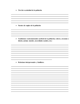  Nivel de escolaridad de la población
_________________________________________________________________________
_________________________________________________________________________
_________________________________________________________________________
_________________________________________________________________________
_________________________________________________________________________
 Fuentes de empleo de la población
_________________________________________________________________________
_________________________________________________________________________
_________________________________________________________________________
_________________________________________________________________________
 Condiciones socioemocionales (actitud de la población, valores, creencias e
ideales, normas morales, necesidades sociales, etc.)
_________________________________________________________________________
_________________________________________________________________________
_________________________________________________________________________
_________________________________________________________________________
_________________________________________________________________________
_________________________________________________________________________
_________________________________________________________________________
____________________________________________________
 Relaciones interpersonales y familiares
_________________________________________________________________________
_________________________________________________________________________
_________________________________________________________________________
_________________________________________________________________________
_________________________________________________________________________
_________________________________________________________________________
_________________________________________________________________________
_________________________________________________________________________
_________________________________________________________________________
_________________________________________________________________________
_________________________________________________________________________
_________________________________________________________________________
_________________________________________________________________________
 