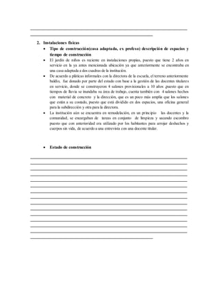 _________________________________________________________________________
_________________________________________________________
2. Instalaciones físicas
 Tipo de construcción(casa adaptada, ex profeso) descripción de espacios y
tiempo de construcción
 El jardín de niños es reciente en instalaciones propias, puesto que tiene 2 años en
servicio en la ya antes mencionada ubicación ya que anteriormente se encontraba en
una casa adaptada a dos cuadras de la institución.
 De acuerdo a pláticas informales con la directora de la escuela, el terreno anteriormente
baldío, fue donado por parte del estado con base a la gestión de las docentes titulares
en servicio, donde se construyeron 4 salones provisionales a 10 años ,puesto que en
tiempos de lluvia se inundaba su área de trabajo, cuenta también con 4 salones hechos
con material de concreto y la dirección, que es un poco más amplia que los salones
que están a su costado, puesto que está dividido en dos espacios, una oficina general
para la subdirección y otra para la directora.
 La institución aún se encuentra en remodelación, en un principio las docentes y la
comunidad, se encargaban de tareas en conjunto de limpieza y sacando escombro
puesto que con anterioridad era utilizado por los habitantes para arrojar deshechos y
cuerpos sin vida, de acuerdo a una entrevista con una docente titular.
 Estado de construcción
_________________________________________________________________________
_________________________________________________________________________
_________________________________________________________________________
_________________________________________________________________________
_________________________________________________________________________
_________________________________________________________________________
_________________________________________________________________________
_________________________________________________________________________
_________________________________________________________________________
_________________________________________________________________________
_________________________________________________________________________
_________________________________________________________________________
_________________________________________________________________________
_________________________________________________________________________
_________________________________________________________
 