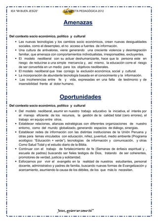 IEA “MI BUEN JESÚS”                  CARPETA PEDAGÓGICA 2012



                                    Amenazas

Del contexto socio económico, político y cultural
    Las nuevas tecnologías y los cambios socio económicos, crean nuevas desigualdades
     sociales, como el desempleo, el no acceso a fuentes de información.
    Una cultura de antivalores, viene generando una creciente violencia y desintegración
     familiar, que amenaza con comportamientos individualistas, irresponsables, excluyentes.
    El modelo neoliberal con su actuar deshumanizante, hace que la persona este en
     riesgo de reducirse a una simple mercancía y, así mismo, la educación corre el riesgo
     de ser convertida en un medio para los objetivos neoliberales.
    El modelo neoliberal que trae consigo la exclusión económica, social y cultural.
    La incorporación de abundante tecnología basada en el conocimiento y la información.
    Las incoherencias entre fe y vida, expresadas en una falta de testimonio y de
     insensibilidad frente al dolor humano.



                                 Oportunidades
Del contexto socio económico, político y cultural
    Del modelo neoliberal, asumir en nuestro trabajo educativo la iniciativa, el interés por
     el manejo eficiente de los recursos, la gestión de la calidad total (cero errores), el
     trabajo en equipo entre otros.
    Establecer relaciones, alianzas estratégicas con diferentes organizaciones de nuestro
     entorno, como del mundo globalizado, generando espacios de diálogo, sinergias.
    Establecer redes de información con las distintas instituciones de la Unión Peruana y
     otras para temas vinculados con educación, niñez, juventud, medio ambiente (Programa
     ecológico: “Educación + verde”), tecnologías de información y comunicación, y otras
     Como Salud Total y el estudio diario de la Biblia.
    Continuar con el trabajo de fortalecimiento de fe (Semanas de énfasis espiritual y ,
     escuela de padres) buscando ser fieles testigos de Dios, tratando de ser coherentes,
     promotores de verdad, justicia y solidaridad.
    Esforzarnos por vivir el evangelio en la realidad de nuestros estudiantes, personal
     docente, administrativo y padres de familia, buscando nuevas formas de Evangelización y
     acercamiento, asumiendo la causa de los débiles, de los que más lo necesitan.




                                Jesus, quiero ser como tú”
 