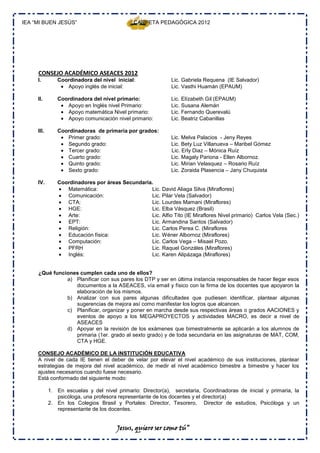 IEA “MI BUEN JESÚS”                           CARPETA PEDAGÓGICA 2012




     CONSEJO ACADÉMICO ASEACES 2012
     I.        Coordinadora del nivel inicial:               Lic. Gabriela Requena (IE Salvador)
                  Apoyo inglés de inicial:                   Lic. Vasthi Huamán (EPAUM)

     II.       Coordinadora del nivel primario:              Lic. Elízabeth Gil (EPAUM)
                  Apoyo en Inglés nivel Primario:            Lic. Susana Alemán
                  Apoyo matemática Nivel primario:           Lic. Fernando Querevalú
                  Apoyo comunicación nivel primario:         Lic. Beatriz Cabanillas

     III.      Coordinadoras de primaria por grados:
                  Primer grado:                              Lic. Melva Palacios - Jeny Reyes
                  Segundo grado:                             Lic. Bety Luz Villanueva – Maribel Gómez
                  Tercer grado:                              Lic. Erly Diaz – Mónica Ruíz
                  Cuarto grado:                              Lic. Magaly Pariona - Ellen Albornoz.
                  Quinto grado:                              Lic. Mirian Velasquez – Rosario Ruíz
                  Sexto grado:                               Lic. Zoraida Plasencia – Jany Chuquista

     IV.       Coordinadores por áreas Secundaria.
                  Matemática:                    Lic. David Aliaga Silva (Miraflores)
                  Comunicación:                  Lic. Pilar Vela (Salvador)
                  CTA:                           Lic. Lourdes Mamani (Miraflores)
                  HGE:                           Lic. Elba Vásquez (Brasil)
                  Arte:                          Lic. Alfio Tito (IE Miraflores Nivel primario) Carlos Vela (Sec.)
                  EPT:                           Lic. Armandina Santos (Salvador)
                  Religión:                      Lic. Carlos Perea C. (Miraflores
                  Educación física:              Lic. Wéner Albornoz (Miraflores)
                  Computación:                   Lic. Carlos Vega – Misael Pozo.
                  PFRH                           Lic. Raquel Gonzáles (Miraflores)
                  Inglés:                        Lic. Karen Alipázaga (Miraflores)


     ¿Qué funciones cumplen cada uno de ellos?
               a) Planificar con sus pares los DTP y ser en última instancia responsables de hacer llegar esos
                  documentos a la ASEACES, vía email y físico con la firma de los docentes que apoyaron la
                  elaboración de los mismos.
               b) Analizar con sus pares algunas dificultades que pudiesen identificar, plantear algunas
                  sugerencias de mejora así como manifestar los logros que alcancen.
               c) Planificar, organizar y poner en marcha desde sus respectivas áreas o grados AACIONES y
                  eventos de apoyo a los MEGAPROYECTOS y actividades MACRO, es decir a nivel de
                  ASEACES
               d) Apoyar en la revisión de los exámenes que bimestralmente se aplicarán a los alumnos de
                  primaria (1er. grado al sexto grado) y de toda secundaria en las asignaturas de MAT, COM,
                  CTA y HGE.

     CONSEJO ACADÉMICO DE LA INSTITUCIÓN EDUCATIVA
     A nivel de cada IE tienen el deber de velar por elevar el nivel académico de sus instituciones, plantear
     estrategias de mejora del nivel académico, de medir el nivel académico bimestre a bimestre y hacer los
     ajustes necesarios cuando fuese necesario.
     Está conformado del siguiente modo:

            1. En escuelas y del nivel primario: Director(a), secretaria, Coordinadoras de inicial y primaria, la
               psicóloga, una profesora representante de los docentes y el director(a)
            2. En los Colegios Brasil y Portales: Director, Tesorero, Director de estudios, Psicóloga y un
               representante de los docentes.


                                       Jesus, quiero ser como tú”
 
