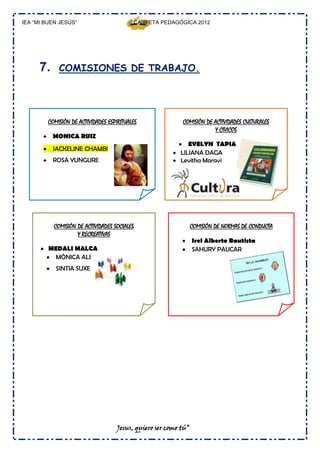 IEA “MI BUEN JESÚS”                        CARPETA PEDAGÓGICA 2012




      7.     COMISIONES DE TRABAJO.




         COMISIÓN DE ACTIVIDADES ESPIRITUALES               COMISIÓN DE ACTIVIDADES CULTURALES
                                                                        Y CIVICOS
           MONICA RUIZ
                                                              EVELYN TAPIA
           JACKELINE CHAMBI
                                                           LILIANA DAGA
           ROSA YUNGURE                                    Levitha Maraví




           COMISIÓN DE ACTIVIDADES SOCIALES                       COMISIÓN DE NORMAS DE CONDUCTA
                    Y RECREATIVAS
                                                                  Irel Alberto Bautista
         MEDALI MALCA                                             SAHURY PAUCAR
           MÓNICA ALFARO
            SINTIA SUXE




                                     Jesus, quiero ser como tú”
 