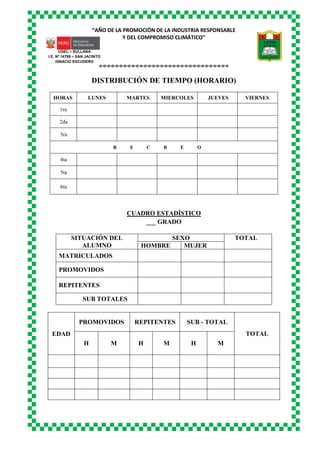 “AÑO DE LA PROMOCIÓN DE LA INDUSTRIA RESPONSABLE
Y DEL COMPROMISO CLIMÁTICO”
o-o-o-o-o-o-o-o-o-o-o-o-o-o-o-o-o-o-o-o-o-o-o-o-o-o-o-o-o-o-o-o
UGEL – SULLANA
I.E. Nº 14799 – SAN JACINTO
IGNACIO ESCUDERO
DISTRIBUCIÓN DE TIEMPO (HORARIO)
HORAS LUNES MARTES MIERCOLES JUEVES VIERNES
1ra
2da
3ra
R E C R E O
4ta
5ta
6ta
CUADRO ESTADÍSTICO
___ GRADO
SITUACIÓN DEL
ALUMNO
SEXO TOTAL
HOMBRE MUJER
MATRICULADOS
PROMOVIDOS
REPITENTES
SUB TOTALES
EDAD
PROMOVIDOS REPITENTES SUB - TOTAL
TOTAL
H M H M H M
 